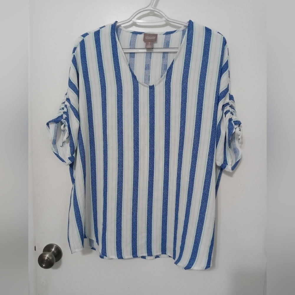 Chico's 2 short sleeve striped v Neck Semi aheer blouse M